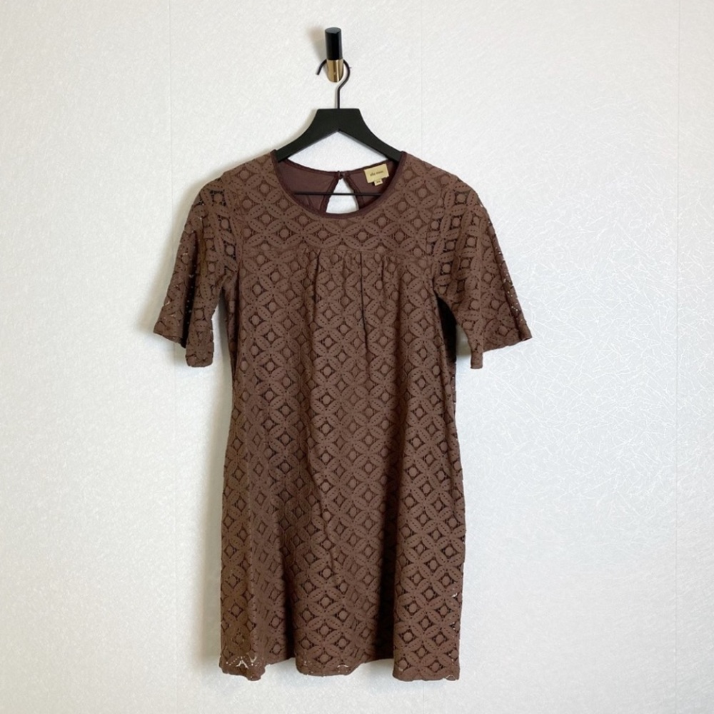 Ella Moss Taupe Crochet Lace Dress Brown Scoop Neck Cottagecore Pleated Shift